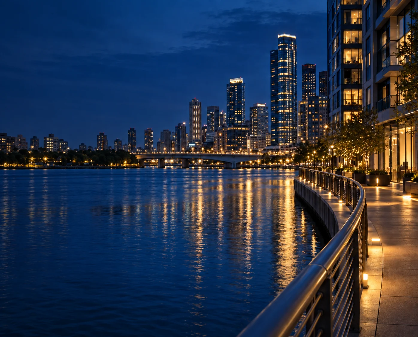 City lights reflected on a river at dusk