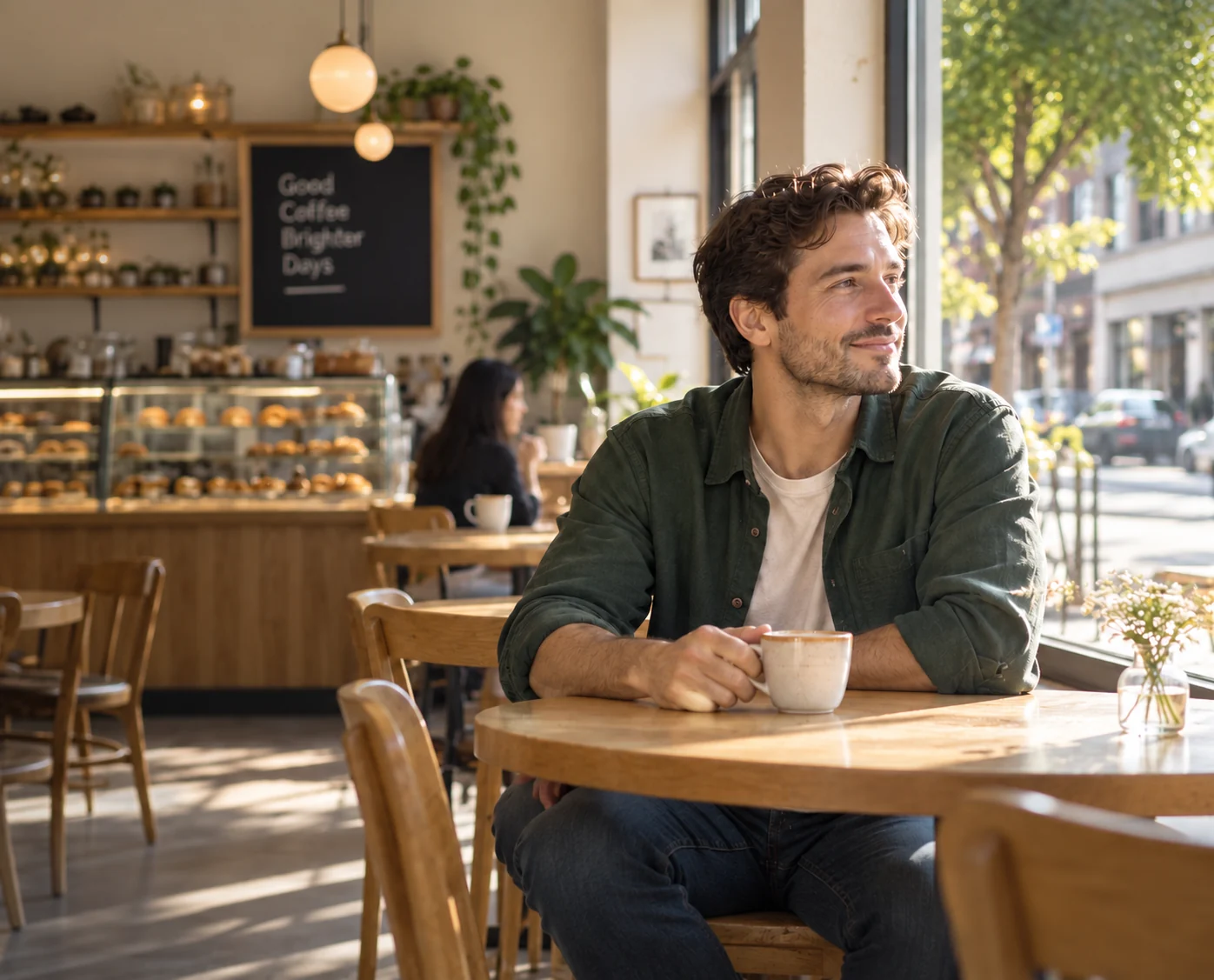 A man sitting by the window of a sunlit cafe