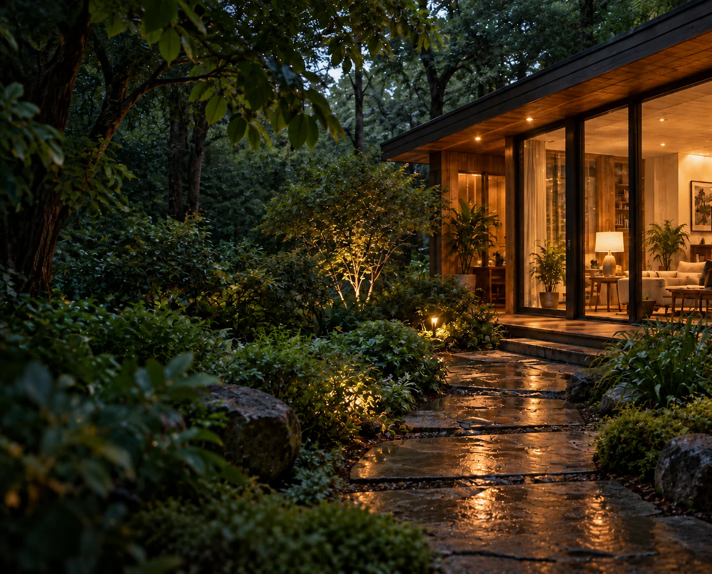 A lit home at dusk at the end of a garden path